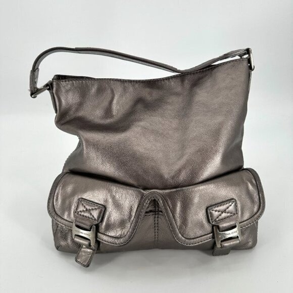 Michael Kors Silver Pebble Leather Hobo Pocket Adjustable Gray Shoulder Purse - Picture 1 of 8